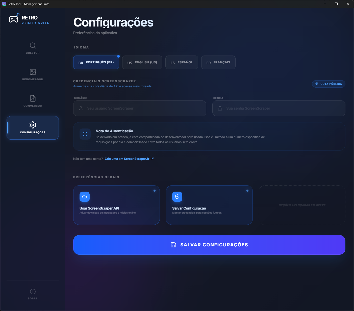 Tela de Configurações