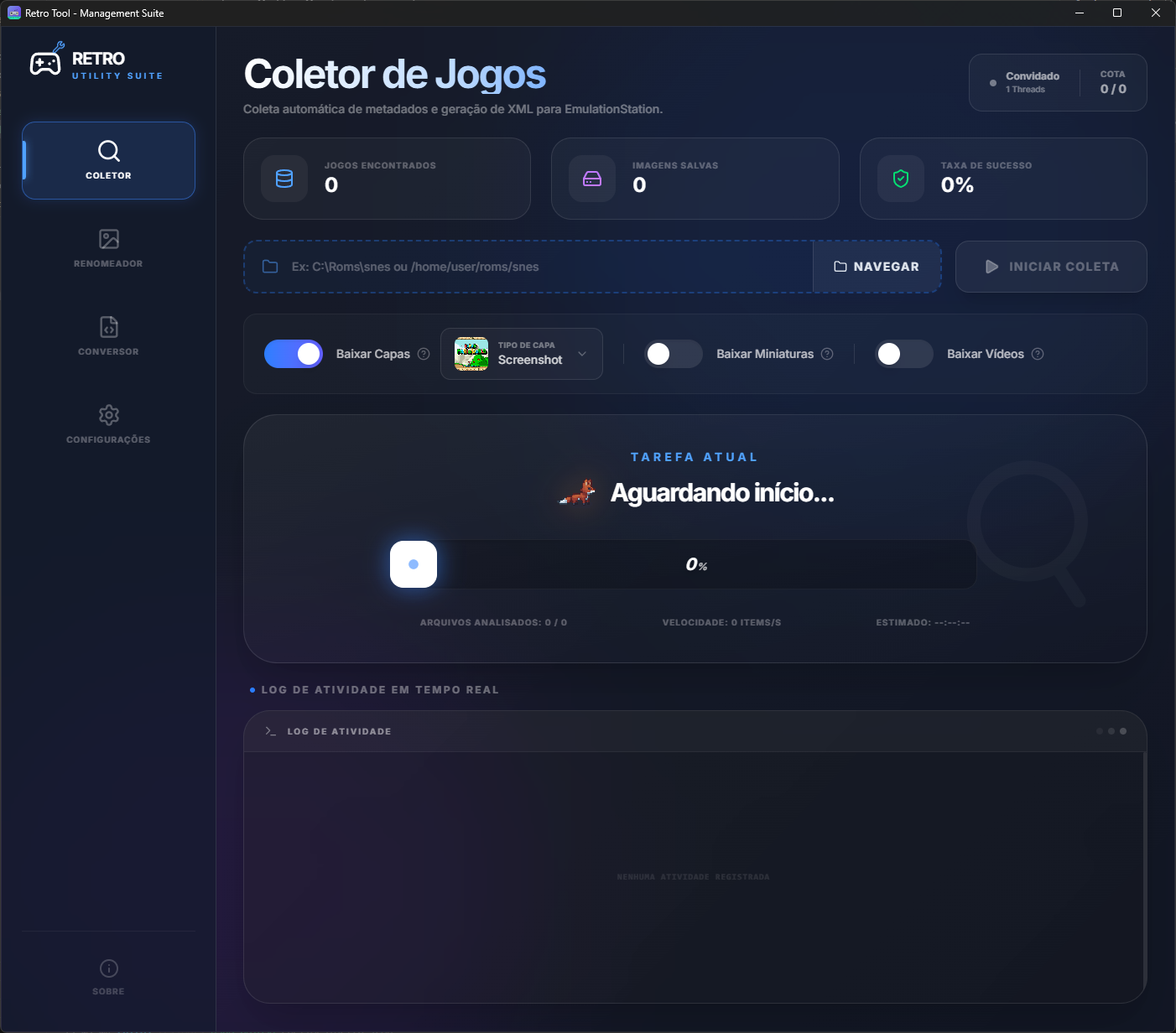 Tela inicial do Retro Tool - Coletor de Jogos